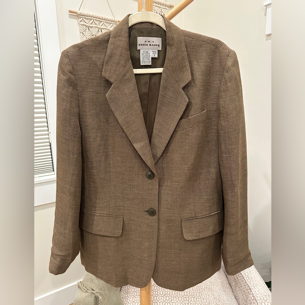 Eddie Bauer Brown Linen Blend Houndstooth Blazer Petite 6
